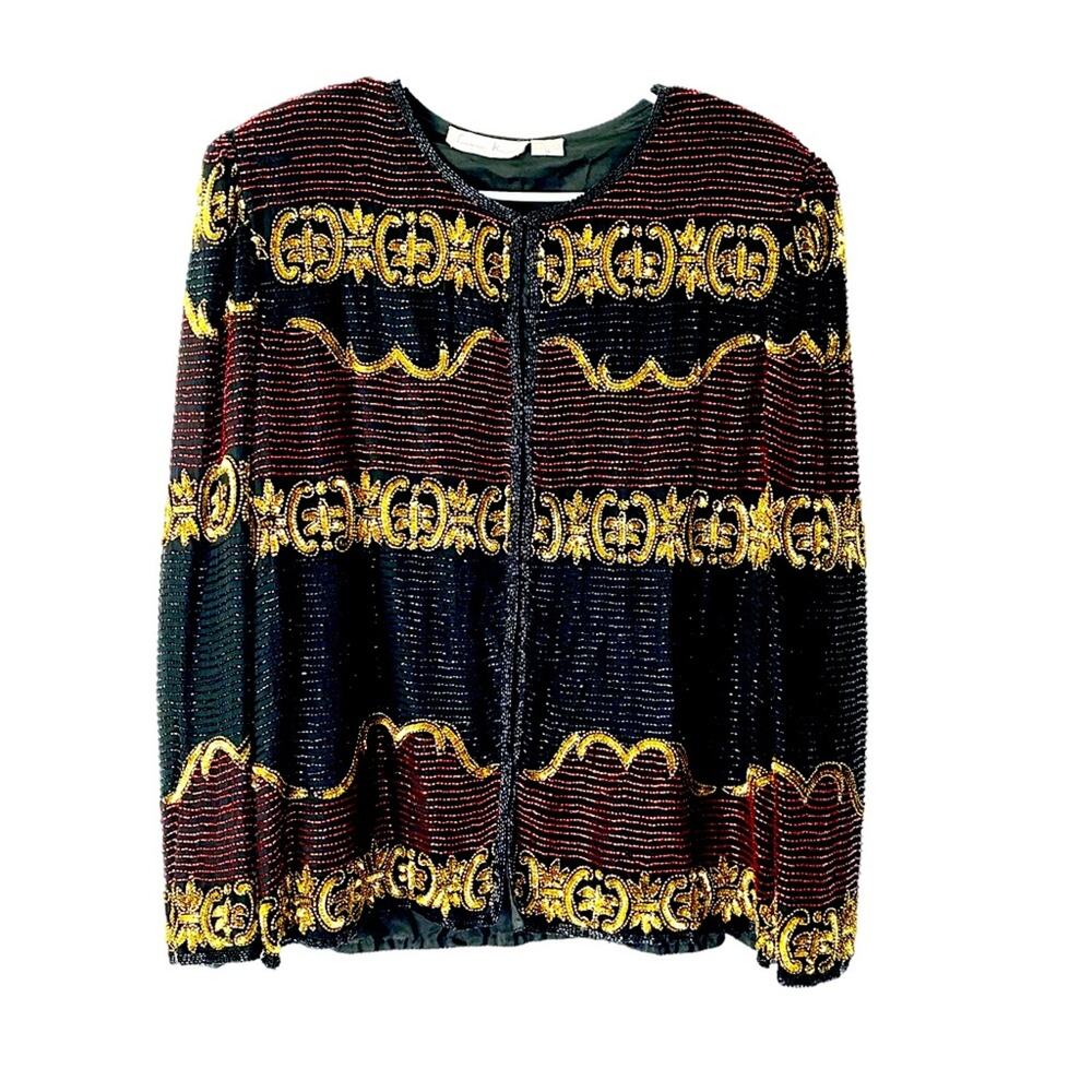 Laurence Kazar New York Vintage Beaded Sequin Embellished Gold Red Black Jacket
